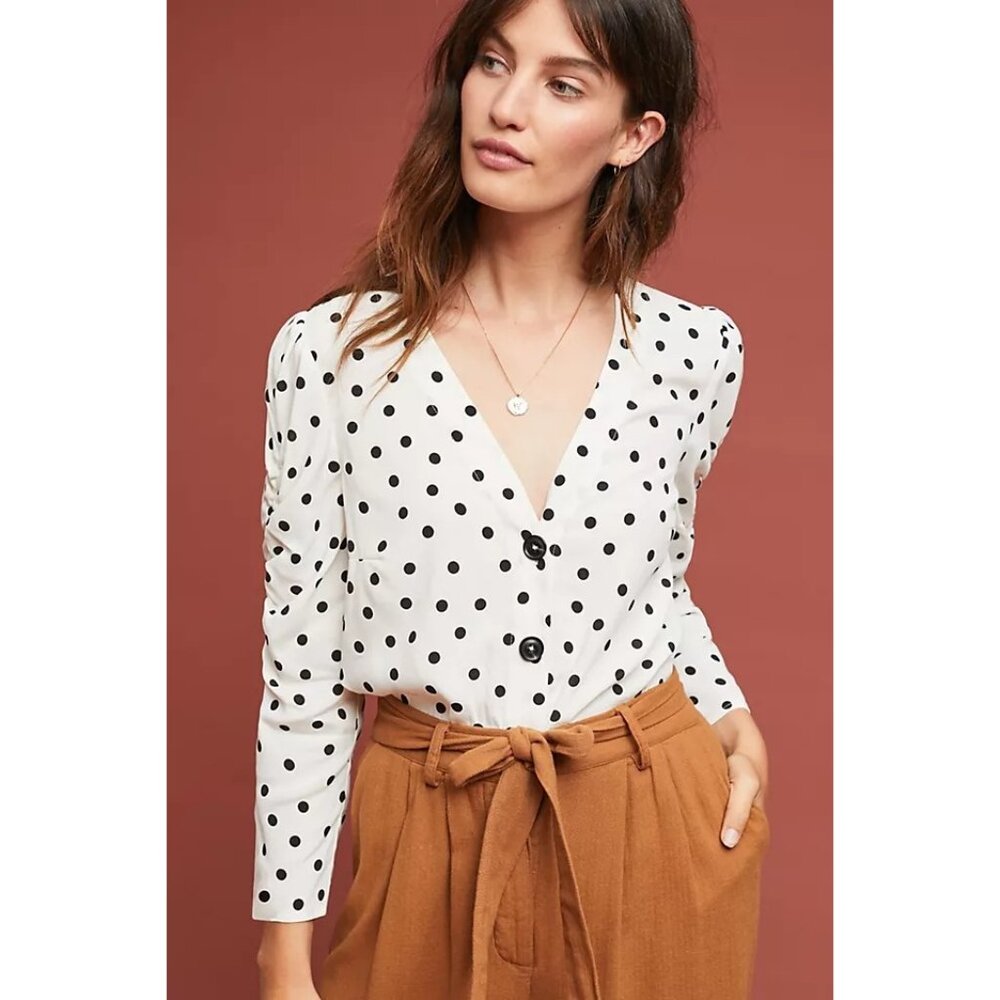Maeve By Anthropologie Jourdain Blouse Polka Dot Ruched Sleeve Button Down X-S
